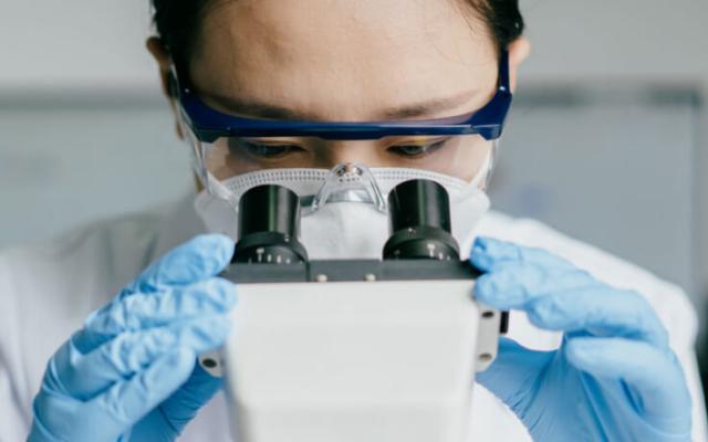 Scientist looking into microscope